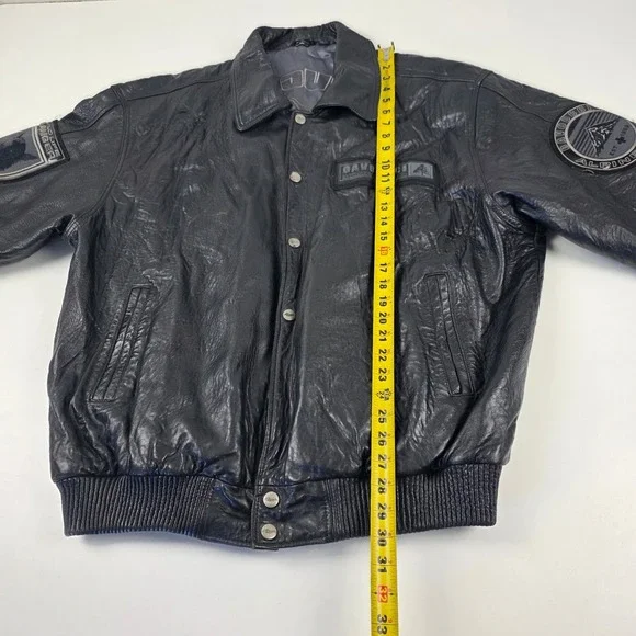 VTG DAVNUCCI Mens Black Genuine Leather Bomber Jacket PatchesXL Can fit 2XL